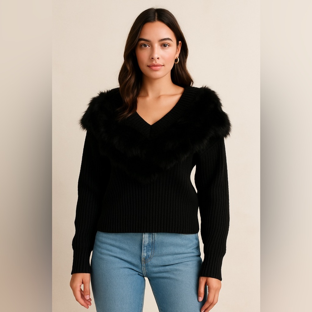 MICHAEL Michael Kors Black V-Neck Sweater with Faux-Fur Trim